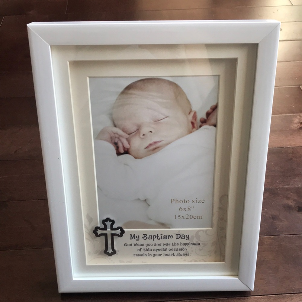 Baptism Day Shadowbox Style Photo Frame Cream Decorative Mat Christian Baby